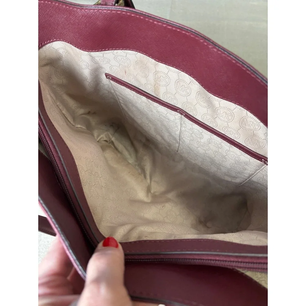 Michael Kors Tote Bag Medium Burgundy Saffiano Leather Front Pocket Shoulder Bag